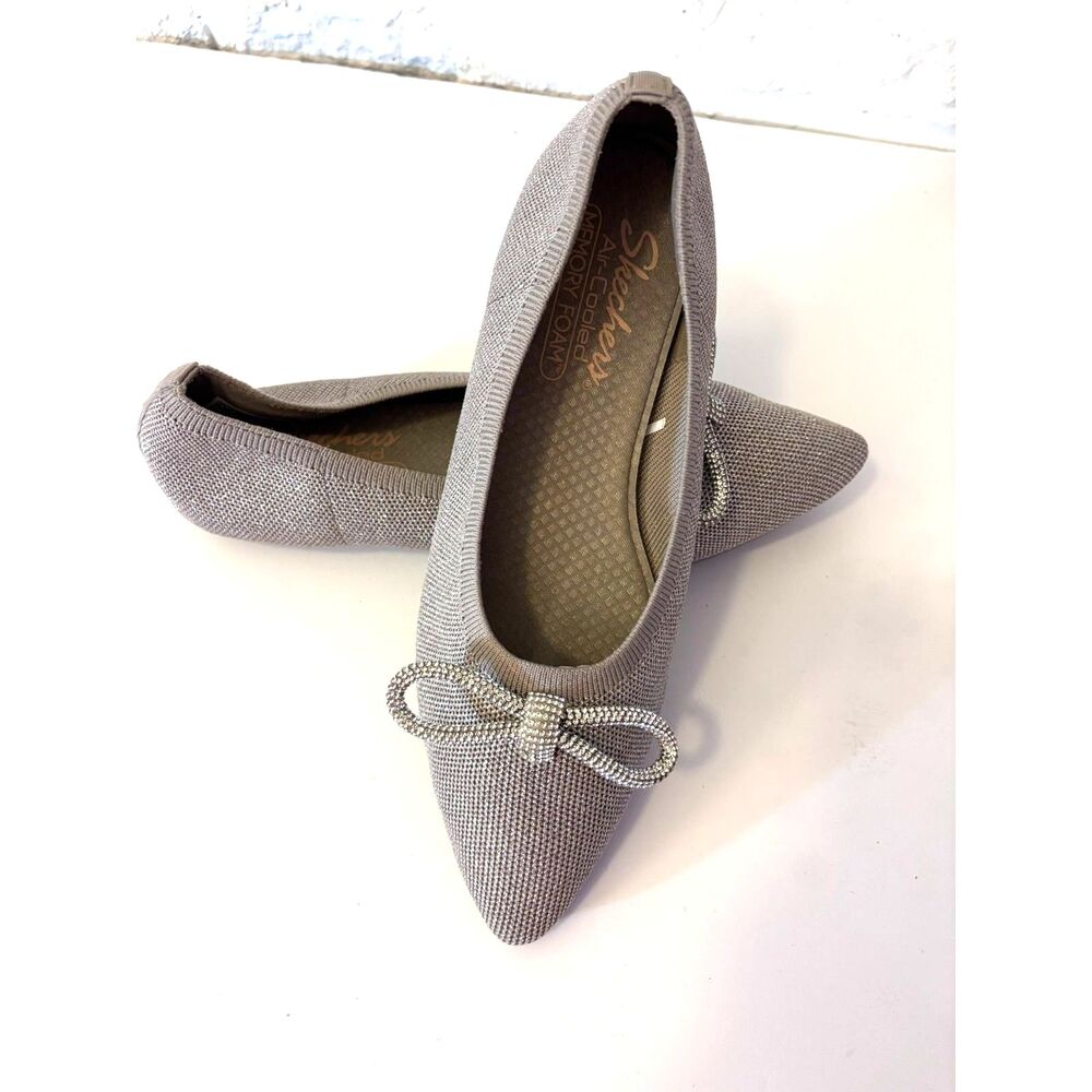 Skechers Cleo Point Glitzy Haze Taupe Metallic Sparkle Knit Rhinestone Bow Flats